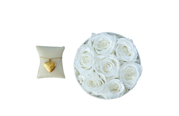 7 White Roses with Gold Necklace Home Gifts Leleyat Fleur 