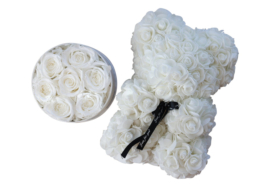 White Sweetheart Set- Leleyat Fleur 7 Roses and Rose Bear Home Gifts Leleyat Fleur 